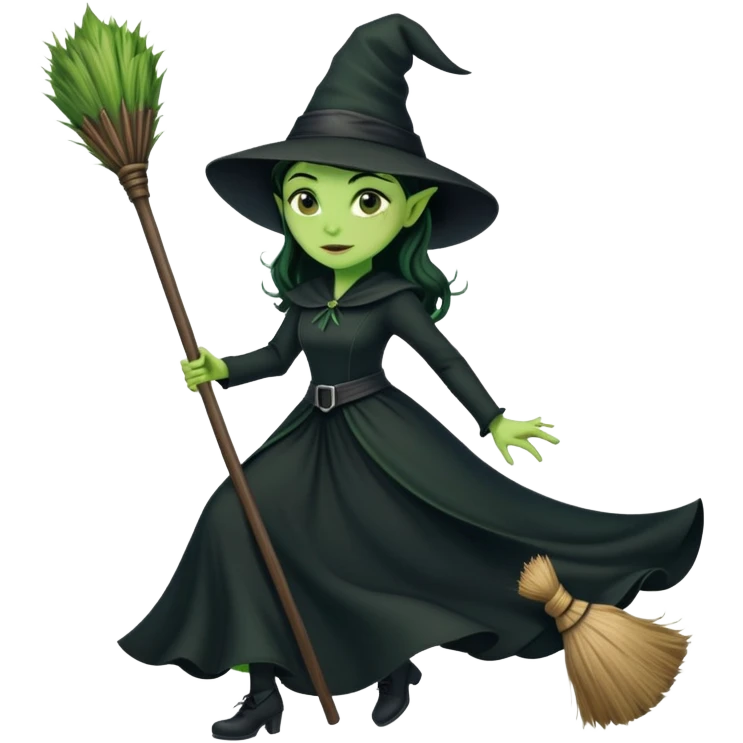 Elphaba, green witch with black hat and long black dress riding a broomstick emoji