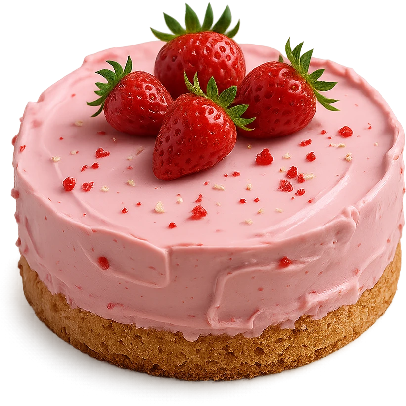 Remove the background, keep only the realistic round cake with pink frosting and strawberries, photorealistic style, transparent background. emoji