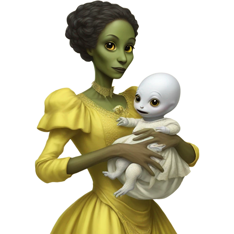  Reptilian alien woman , full body, in victorian jellow elegant dress , holds a newborn white humman baby emoji