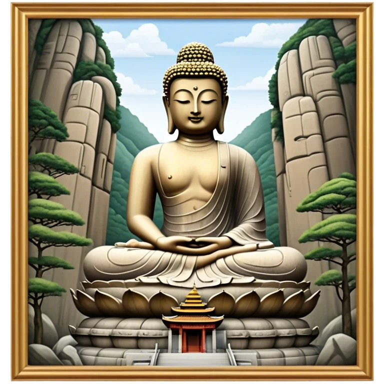 Cinematic Realistic image of the Big Buddha Monument of Sinheungsa Temple, portrayed as a towering, serene Buddha statue carved from weathered stone with intricate details and a gentle meditative expression, set within an ancient temple landscape enveloped in soft, ethereal lighting that underscores its spiritual majesty. emoji
