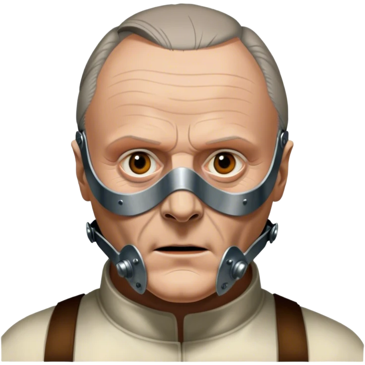 Icon for Hannibal Lecter (Anthony Hopkins): A chilling design with a close-up of Hannibal's face wearing the iconic muzzle mask. Dark, ominous background with sharp lighting to emphasize his intense gaze. A sinister, psychological thriller atmosphere. Transparent background. emoji