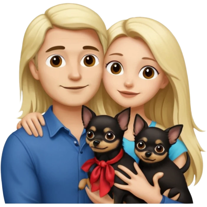 Hombre con pelo largo rubio chica de pelo castaño oscuro  y chihuahua negro amor emoji