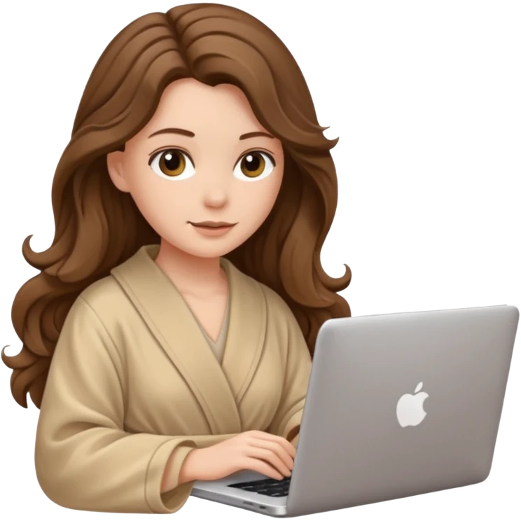 make a picture in ios 18 style of a white girl with brown long wavy hair wearing beige robe and working on a laptop emoji