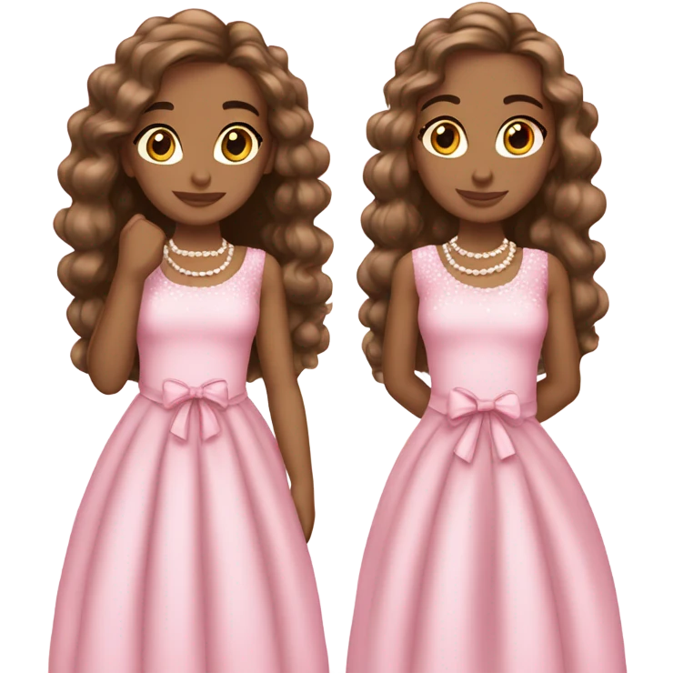 two teenage Latina twins. pink. Long hair. Pink bows. Pearls. Light pink. Diamonds dress. emoji