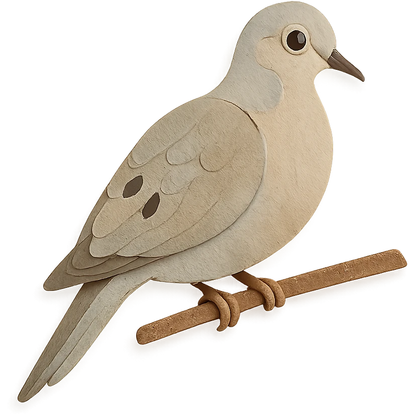 mourning dove on a branch, layered paper details, pale gray and tan plumage, delicate pose, expressive eye emoji