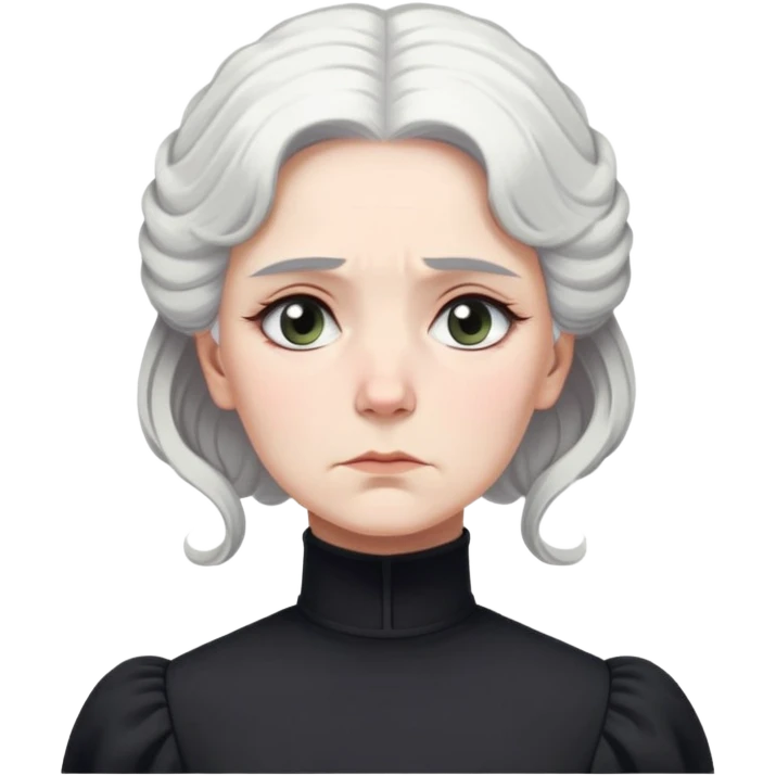 A Victorian woman with simple coiffed white hair and light eyes wearing a simple monochrome black turtleneck mourning dress with puffed sleeves looking down with a forlorn, miserable expression emoji