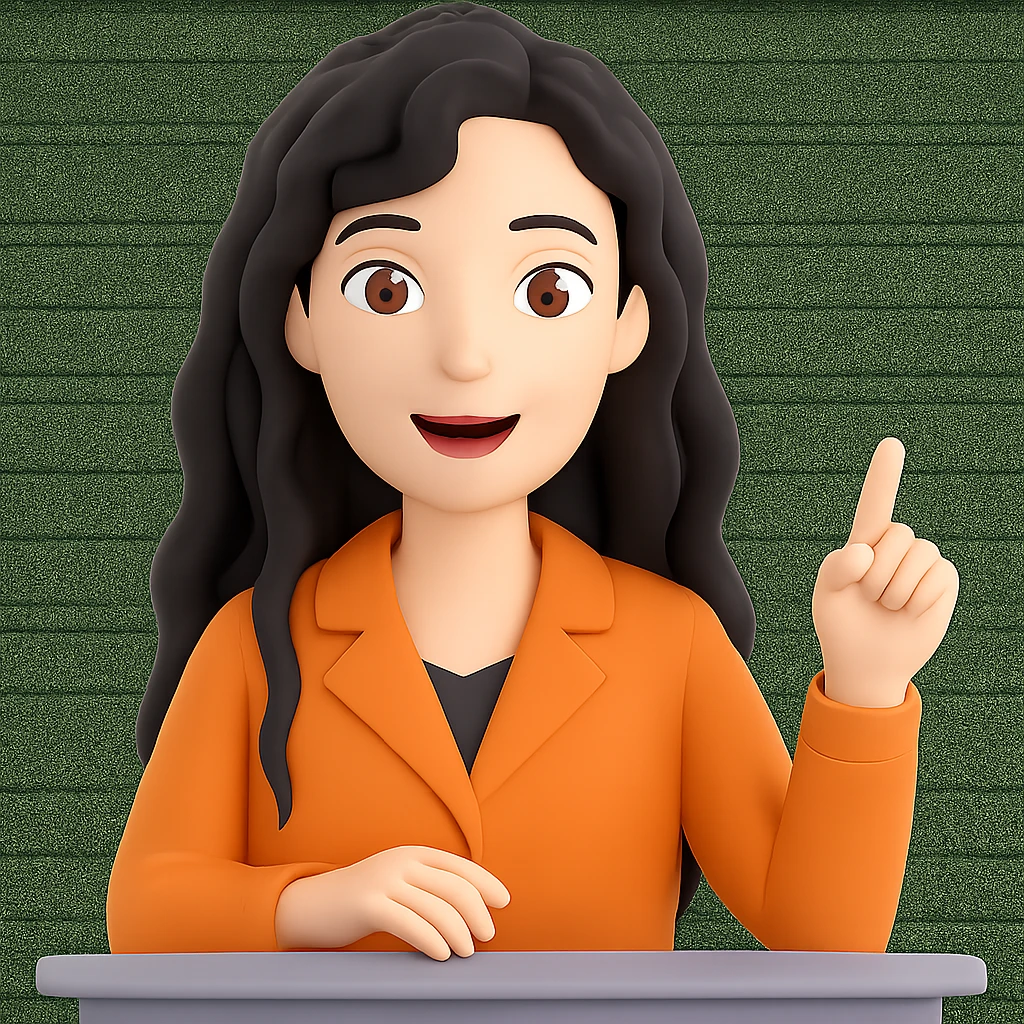 Make her hair longer, keep black wavy hair, no glasses, teaching and talking. Preserve transparent background. Maintain the original style and look of the image. emoji