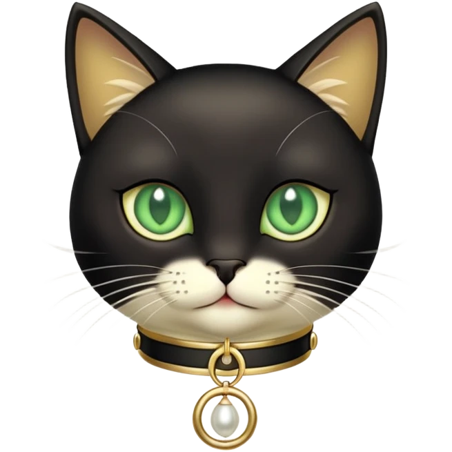 black cat with light green eyes wearing a beige collar with a small pearl pendant and gold buckle emoji