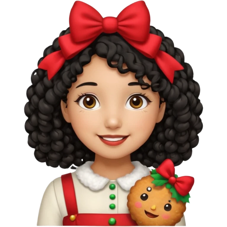 cute girl tan skin, curly black hair chin length, middle part, long eyelashes, cute cheeks, 5'2, outfit croquette style with bows and christmas theme, smiling,  no bangs emoji