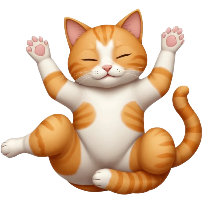 ginger and white small cat eyes closed lying down upside down with paws stretched out straight in different directions emoji