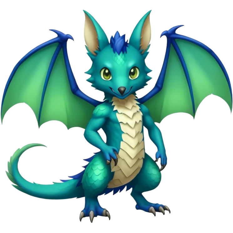 Cute cool fantasy animal hybrid bat-Sergal-Digimon-Fakemon full body, green scales, brown eyes, blue feathers emoji
