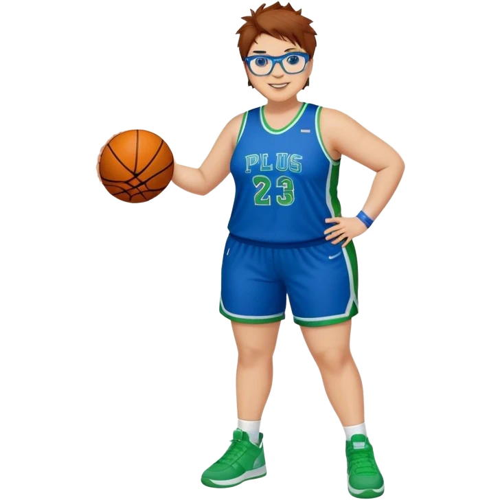 Full Body plus size white female basketball player with short medium brown hair with carmel highlights spikey hair wearing blue glasses 
 wide nose wearing blue green uniform  green sneakers smiling  emoji