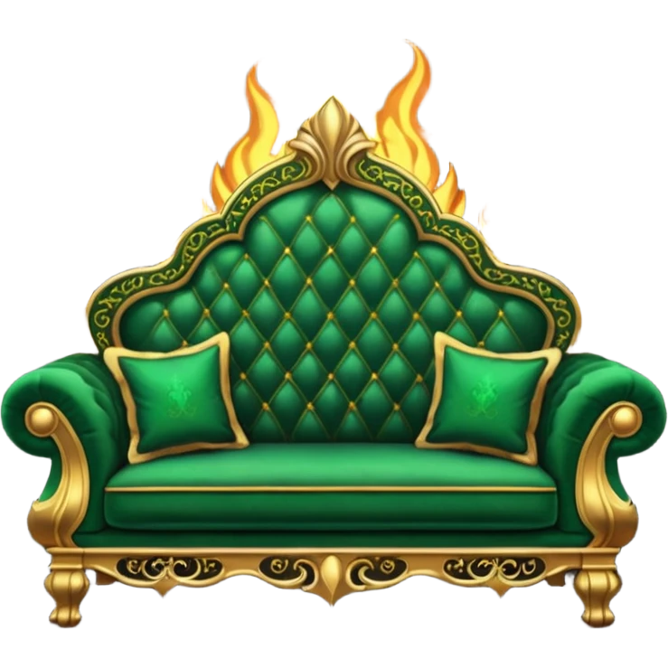 regal emerald green sofa with gold trim, Slytherin common room, elaborate fireplace, fancy gothic decor emoji