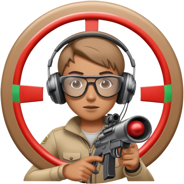 A focused shooter in protective headphones and special glasses, aiming precisely at a target. The setting includes a shooting range with clear markers and a calm, controlled environment, emphasizing concentration, accuracy, and the discipline of the sport emoji