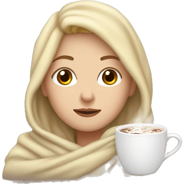 White girl with blonde hair wrapped in a blanket over a cup of hot chocolate emoji