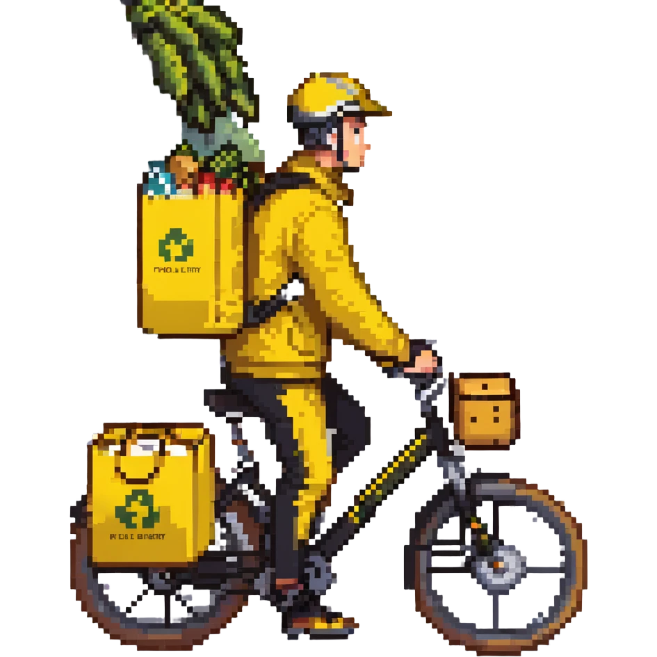 A courier on a yellow electric bike, wearing yellow and black clothes rides from left to right. On his back is a yellow food delivery bag. emoji
