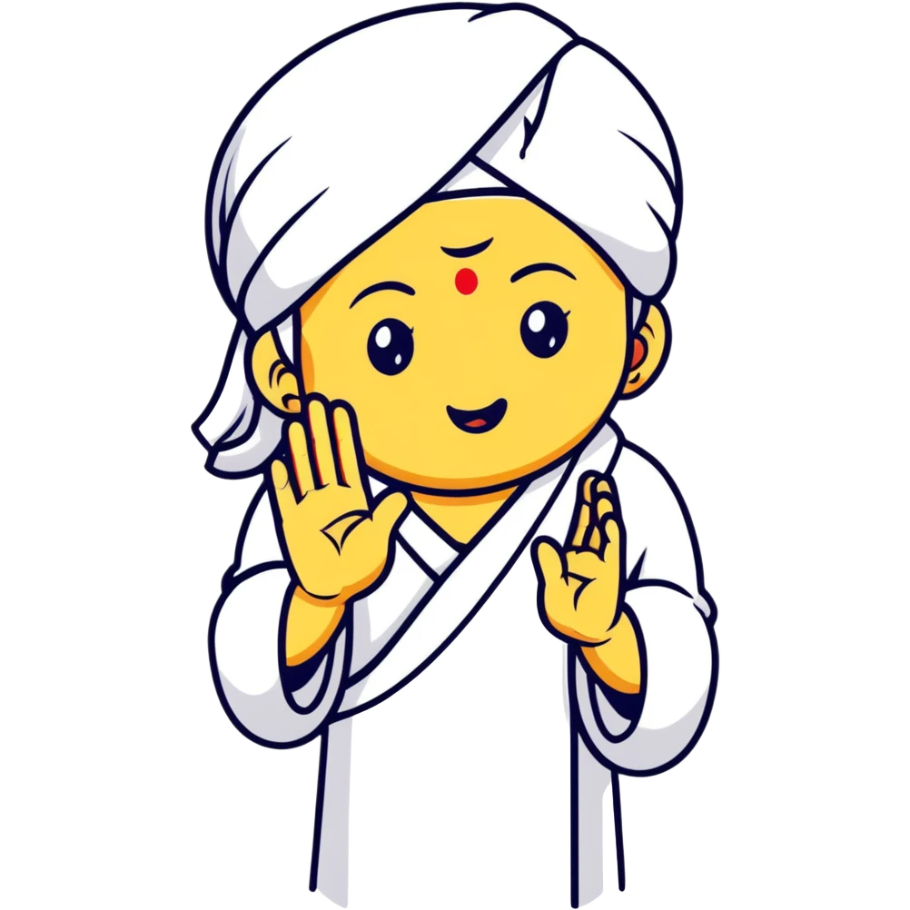 Emoji-style Sai Baba of Shirdi, calm and divine look, white robe and headscarf, golden aura, round face, expressive but minimal, right hand raised in blessing with two fingers up, soft pastel background, clean vector, glowing eyes, spiritual, sticker-like emoji