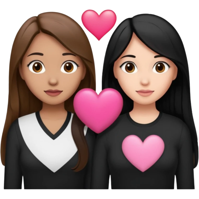 Dos mujeres juntas que una sea de color trigueña cabello castaño con una raya en medio y de color blanca cabello largo negro,  cabello castaño raya en medio, tengan polo blanco y negro y tengan un corazon rosado arriba emoji