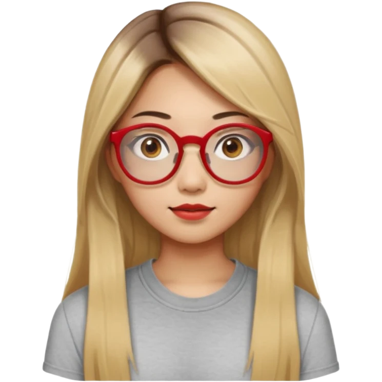 20 yr old asian woman, straight thick long brown hair, blond at ends of hair, center part to hair, big red glasses, brown eyes, casual shirt emoji