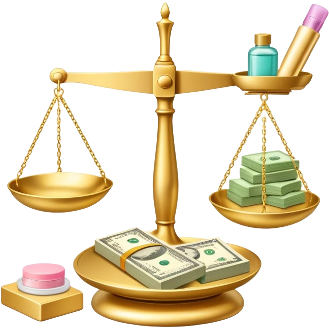 gold scale with dollars on one side and beauty products on the other emoji