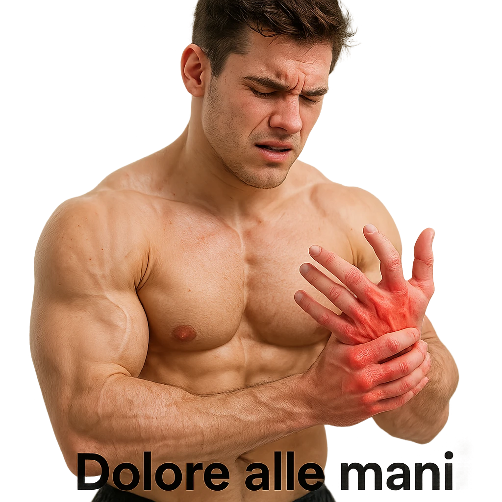 25-year-old bodybuilder with hand pain due to low collagen, hyper realistic style, visible muscles, red hands, discomfort expression, text 'Dolore alle mani', clinical atmosphere, light background emoji
