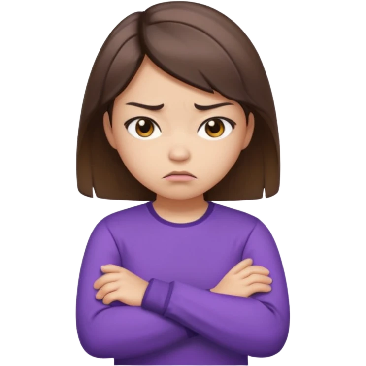 Angry Pouty girl with small asian eyes folding arms in a purple longsleeve shirt she has fair skin and medium length brown hair with highlights emoji