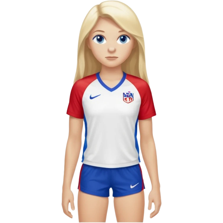 Blond long hair blue eyes tall long lashes wearing a red white and blue jersey that says USA with white shorts and Nike blazers emoji