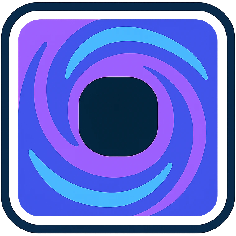 square resembling miniature black hole, dark center, swirling bright purple and blue edge, white neon glow border emoji
