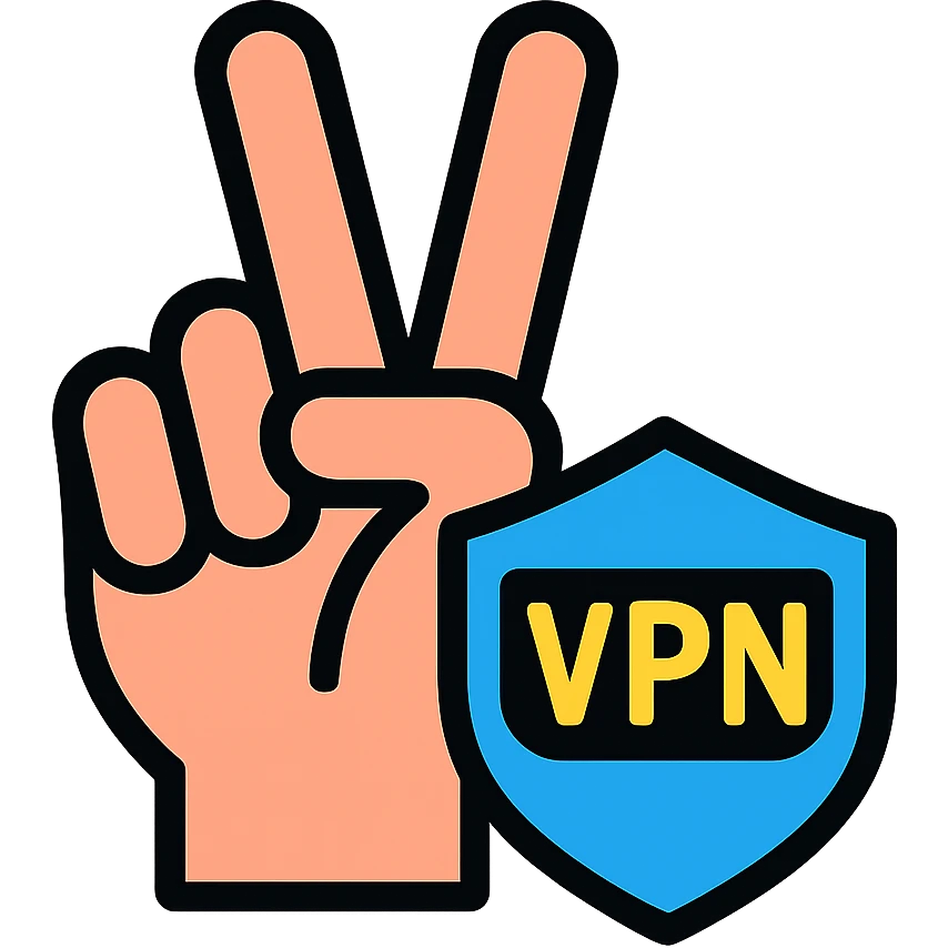 a hand making a peace sign with a digital shield overlay, symbolizing VPN security, modern icon style emoji