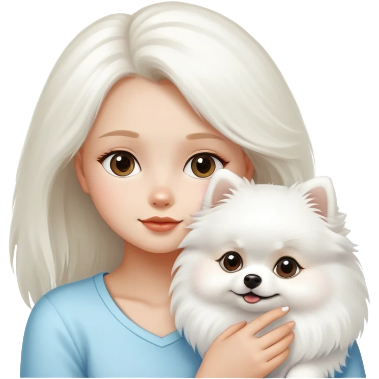 Girl looks at white Pomeranian dog emoji
