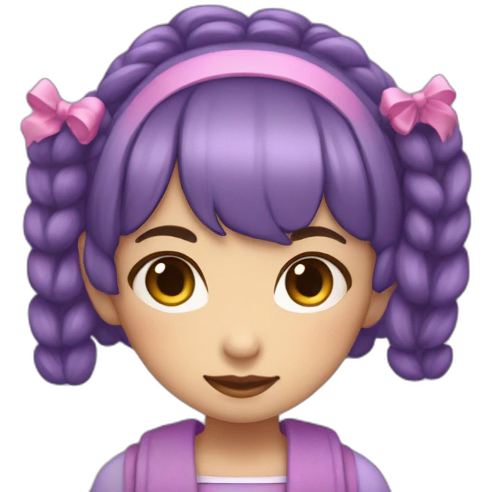 Girl with short purple hair. In her hair she has two odango-shaped pigtails. The girl's hair is styled in a hime cut. She has a medium brown skin.  emoji