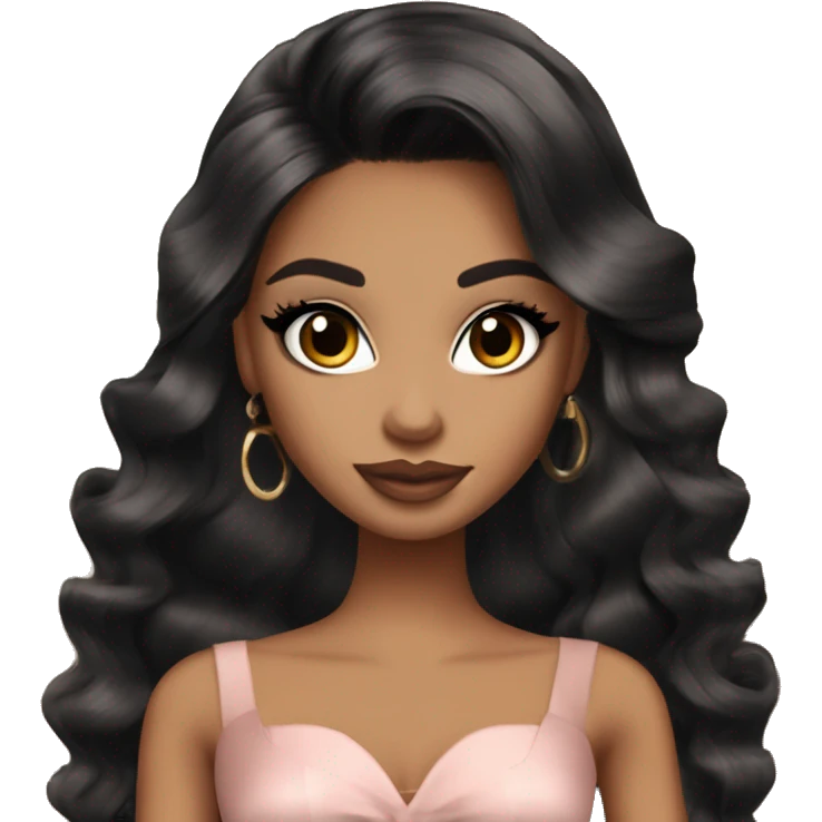 Bratz, club, cocktail dress, black balayage hair, half up half down hair, olive skin, brown almond winged eyeliner with big lashes emoji