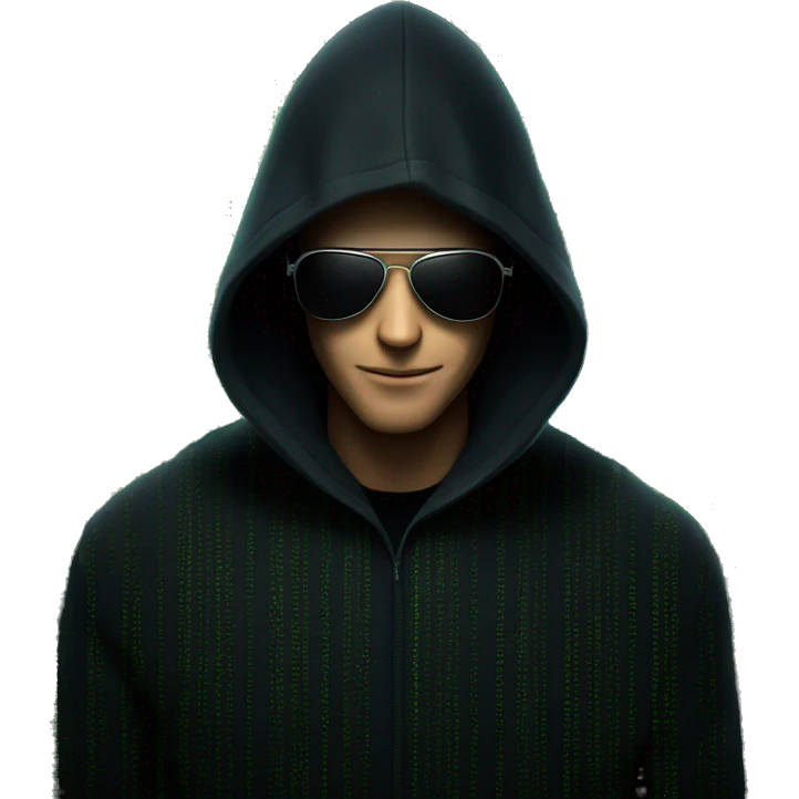 hacker in a black sweater, with a hood and wearing sunglasses, behind him is a cryptography, just like in the movie matrix emoji