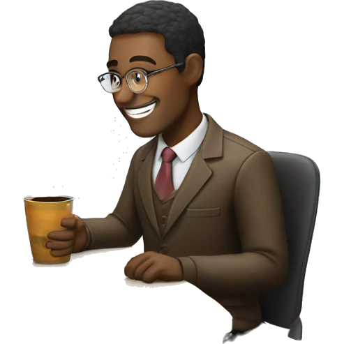 a man, smile, glass, are typing , with laptop in front, a cup of coffee on desk,  emoji