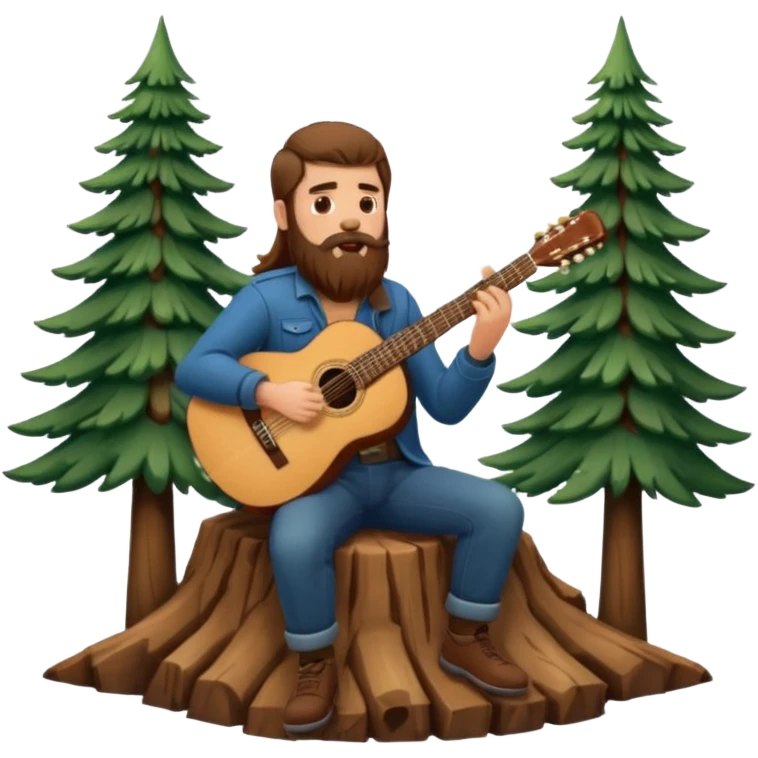 forest sticker character, bearded man with long brown hair playing acoustic guitar by pine trees emoji