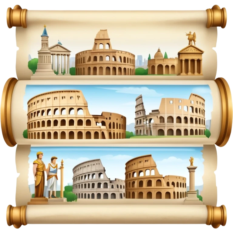 An icon featuring an ancient scroll, surrounded by famous historical landmarks and statues of notable figures, like the Colosseum or Napoleon. The design symbolizes the exploration of history through monuments and people. Transparent background highlights the pas emoji