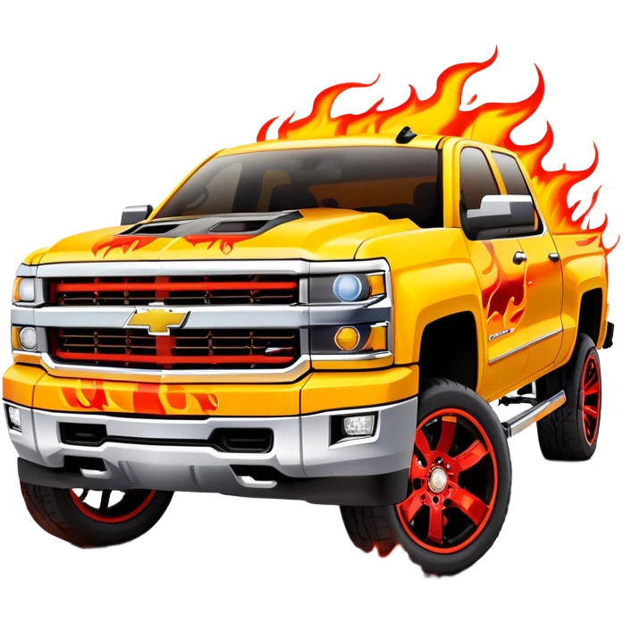 Bright yellow Chevrolet Silverado with professionally airbrushed red flame artwork with orange highlights, custom paint job like in Kill Bill, 30-degree angle showing detailed flames, iOS emoji style emoji