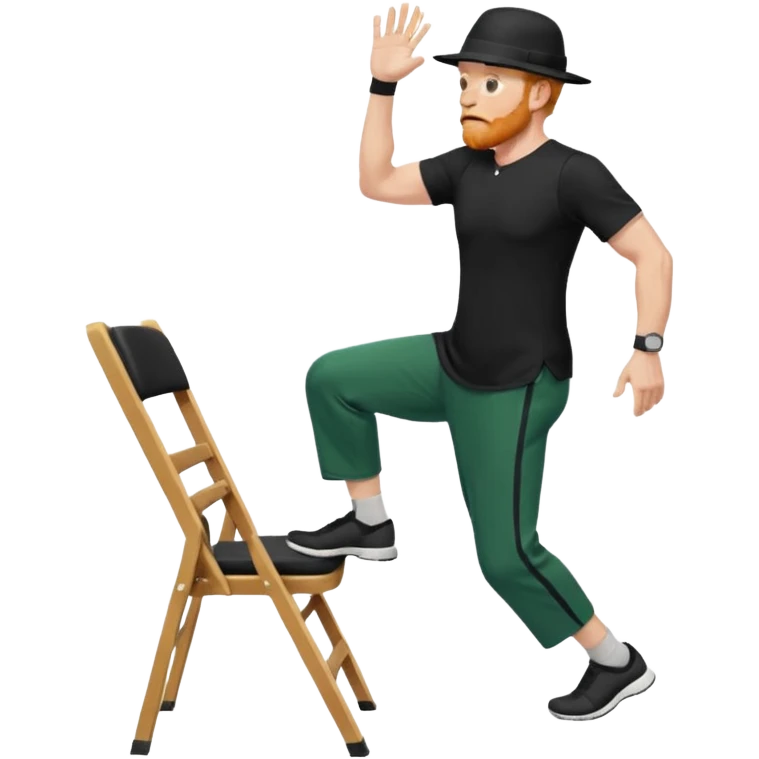 גבר זקן ג'ינג'י מלא כובע שחור הפוך חולמה שחורה ומכנסיים ירוקות ארוכות מבצע תרגיל לאנג' בתמיכת כיסא מהצד שתי רגליים על הרצפה מח^זיק כיסא בידו  תמיכה קלה ידו על משענת הכיסא emoji