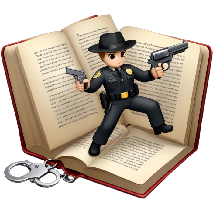 Icon for Action & Crime Reading: an open book with dramatic action scenes, surrounded by a gun, handcuffs, a badge, and a shadowy figure. The icon should evoke suspense, danger, and intrigue of crime and action stories. Transparent background. emoji