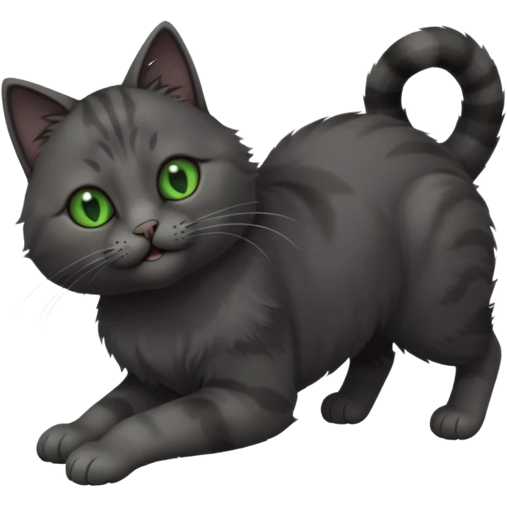 solid dark grey cat with green eyes, completely solid grey face, white toes/paws playfully rolling upside down emoji