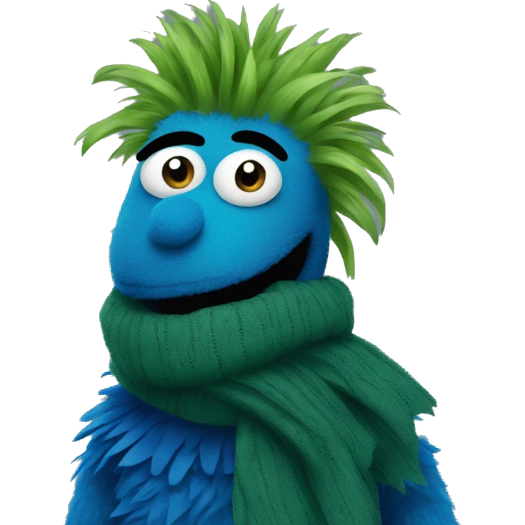 A blue muppet with very dark green spiky hair over their eyes, wearing a scarf emoji