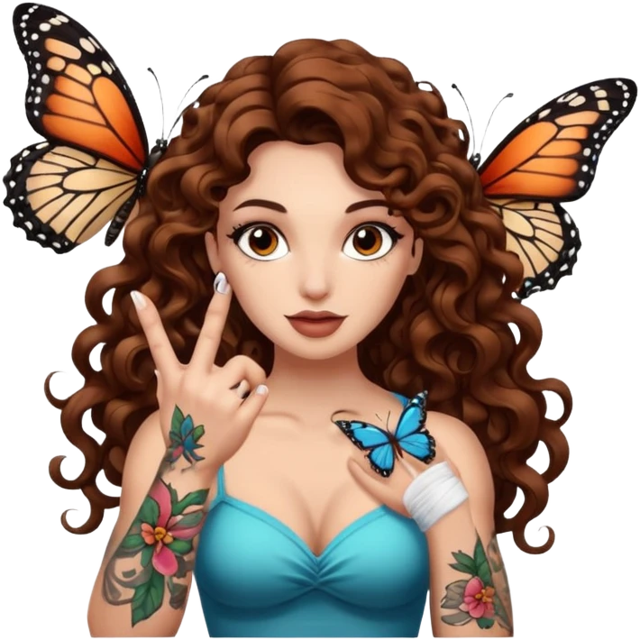 portrait woman long curly brown hair brown eyes white skin tattoos muscular build butterfly landing on finger emoji