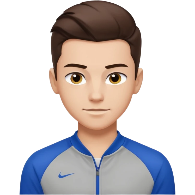 teen boy slick back brunette hair wearing sport clothes giving famous school boy vibe with confident attitude and smirk emoji