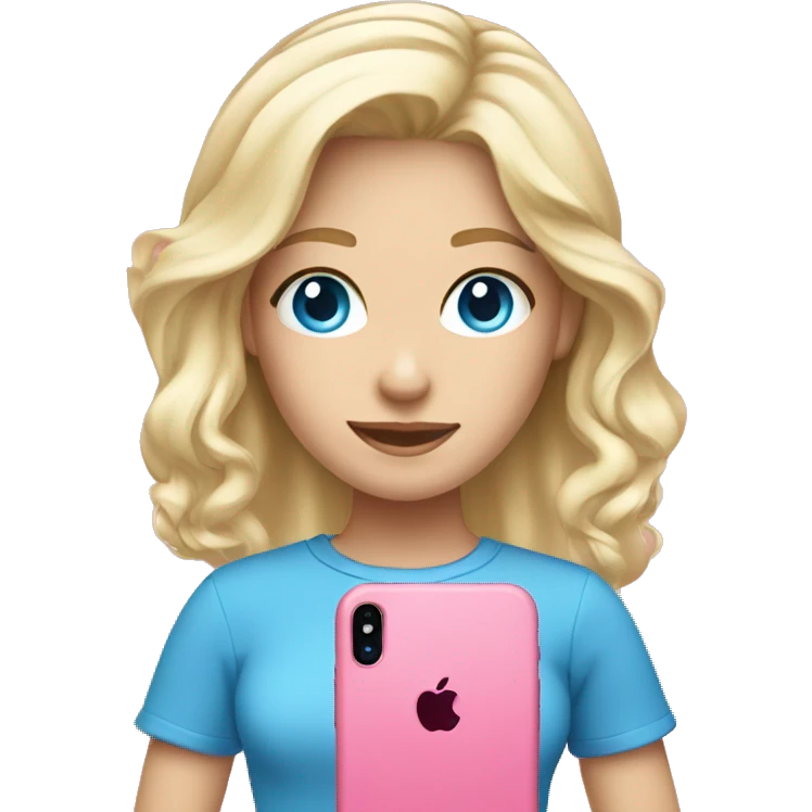 a white blond hair girl with blue eyes wearing a pink shirt holding a pink iphone  emoji