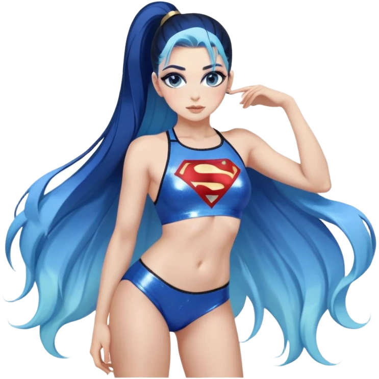 very very very large upper body-gorgeous face-on knees sexy pose-very long straight flowing dark blue to light blue hair ombre all hair in a high ponytail and-blue eyes-black eyeliner-long eyelashes-iridescent bikini top with glitter superman logo-overall shorts emoji