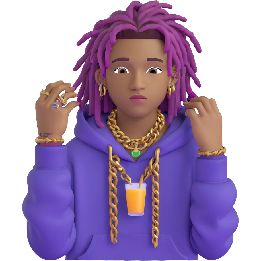 Juice WRLD with purple dreadlocks, designer hoodie, gold chains, and signature style emoji