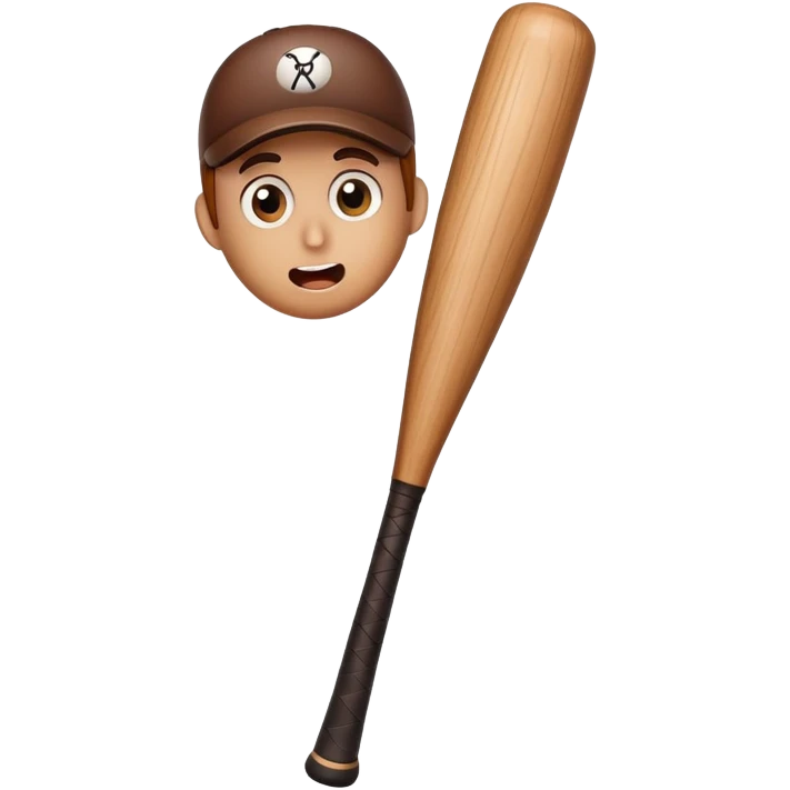 Brown wooden baseball bat character with a tiny surprised face emoji