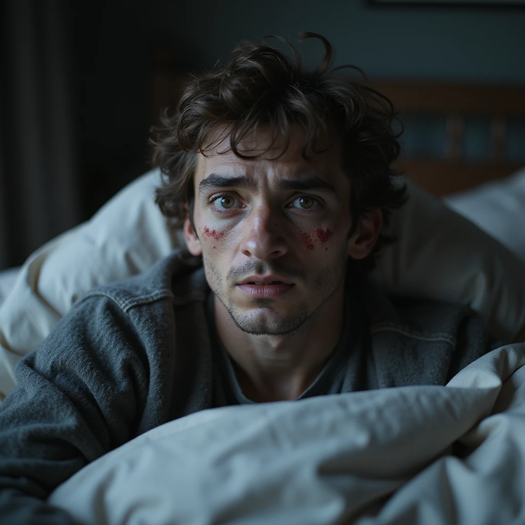 hyperrealistic 4K image of a man getting up from bed with swollen red eyes, face marked by fatigue, messy hair, home environment, cold morning light, stressed atmosphere emoji