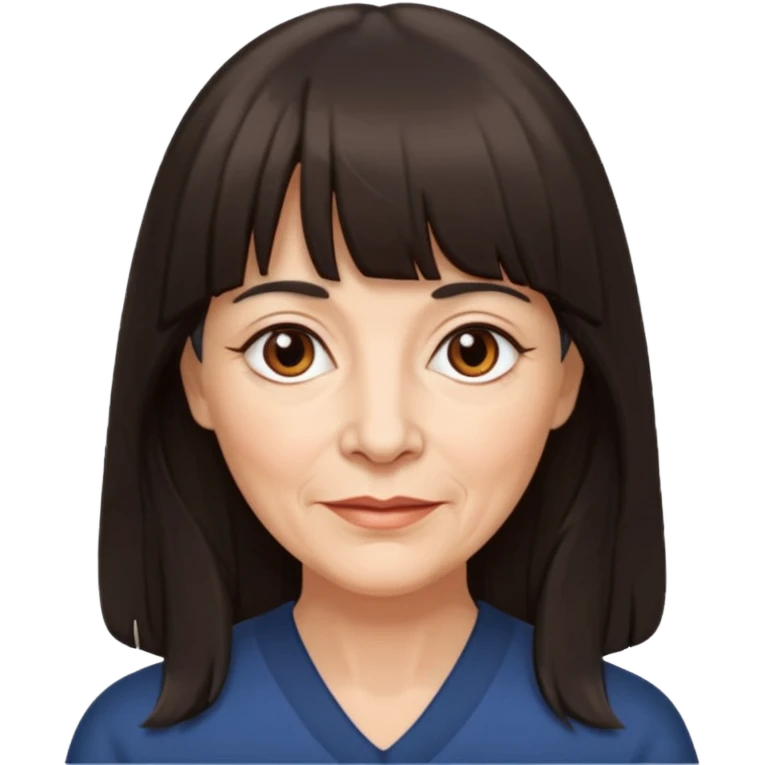 60 yr old woman, small brown eyes, long dark hair, bangs,  emoji