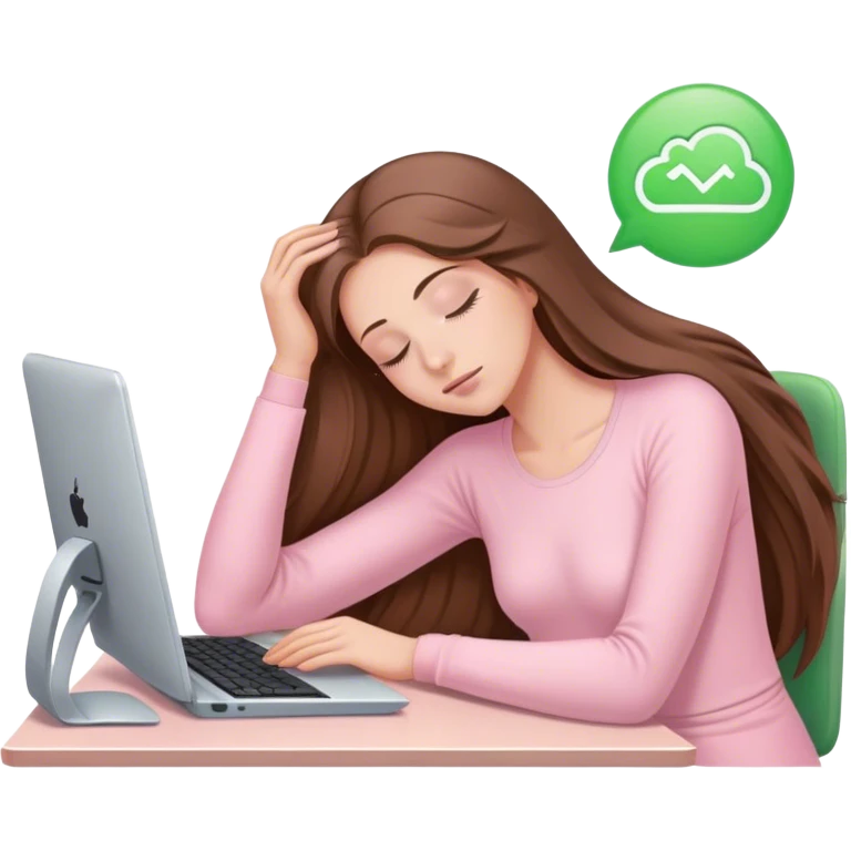 pretty woman with very long brown hair and green eyes and light pink outfit sleeping working on a computer emoji